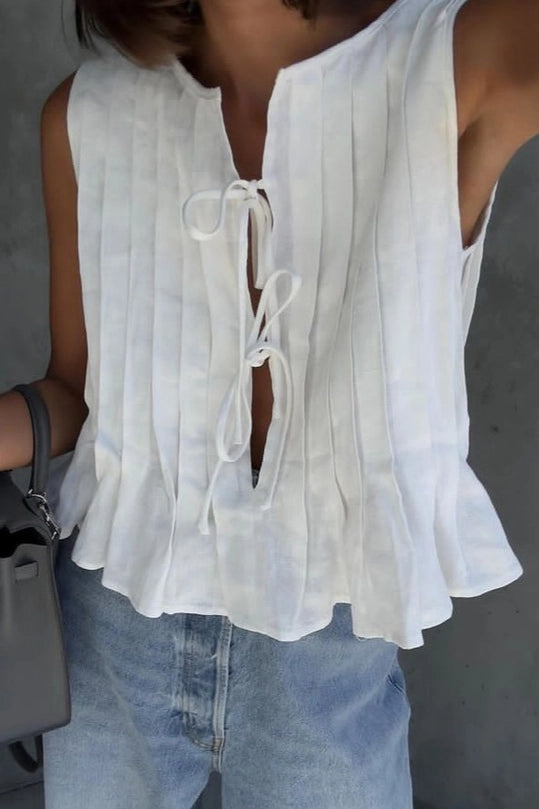 Pleated Bow Tie Front Sleeveless Top