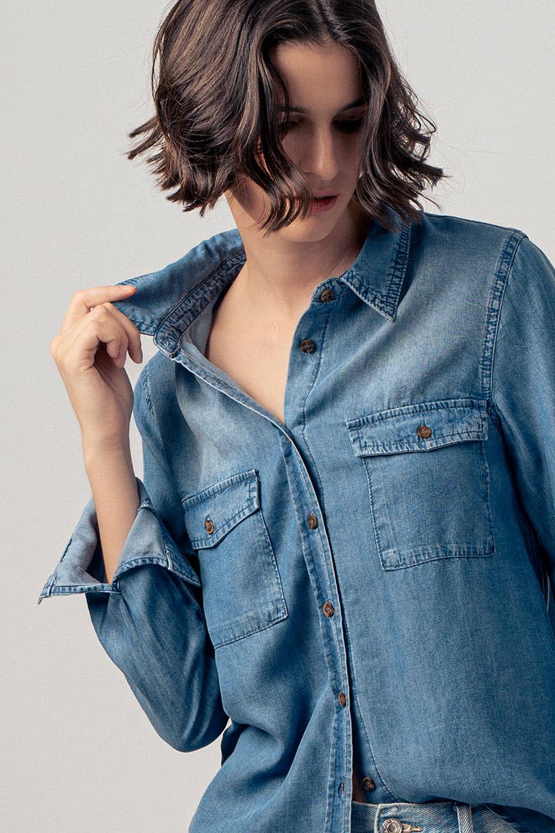 Classic Tencel Utility Casual Button Down Chambray Shirt