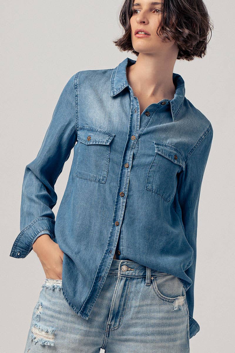 Classic Tencel Utility Casual Button Down Chambray Shirt