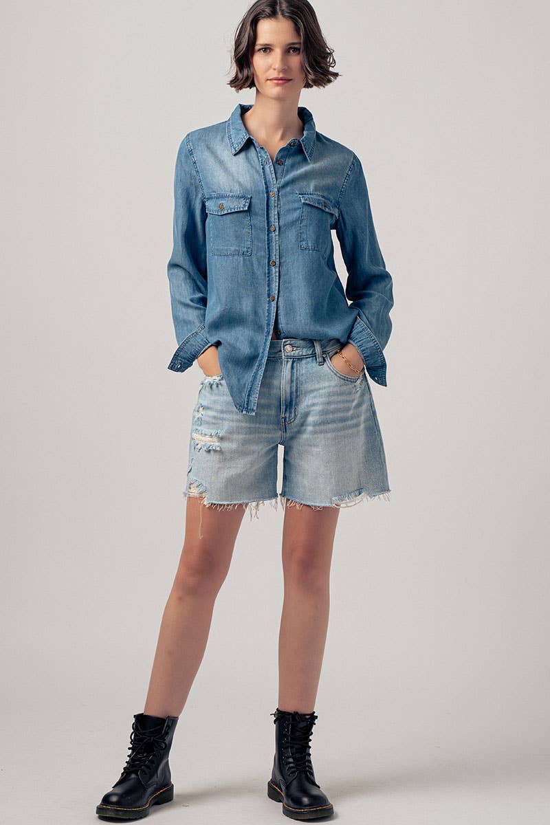 Classic Tencel Utility Casual Button Down Chambray Shirt