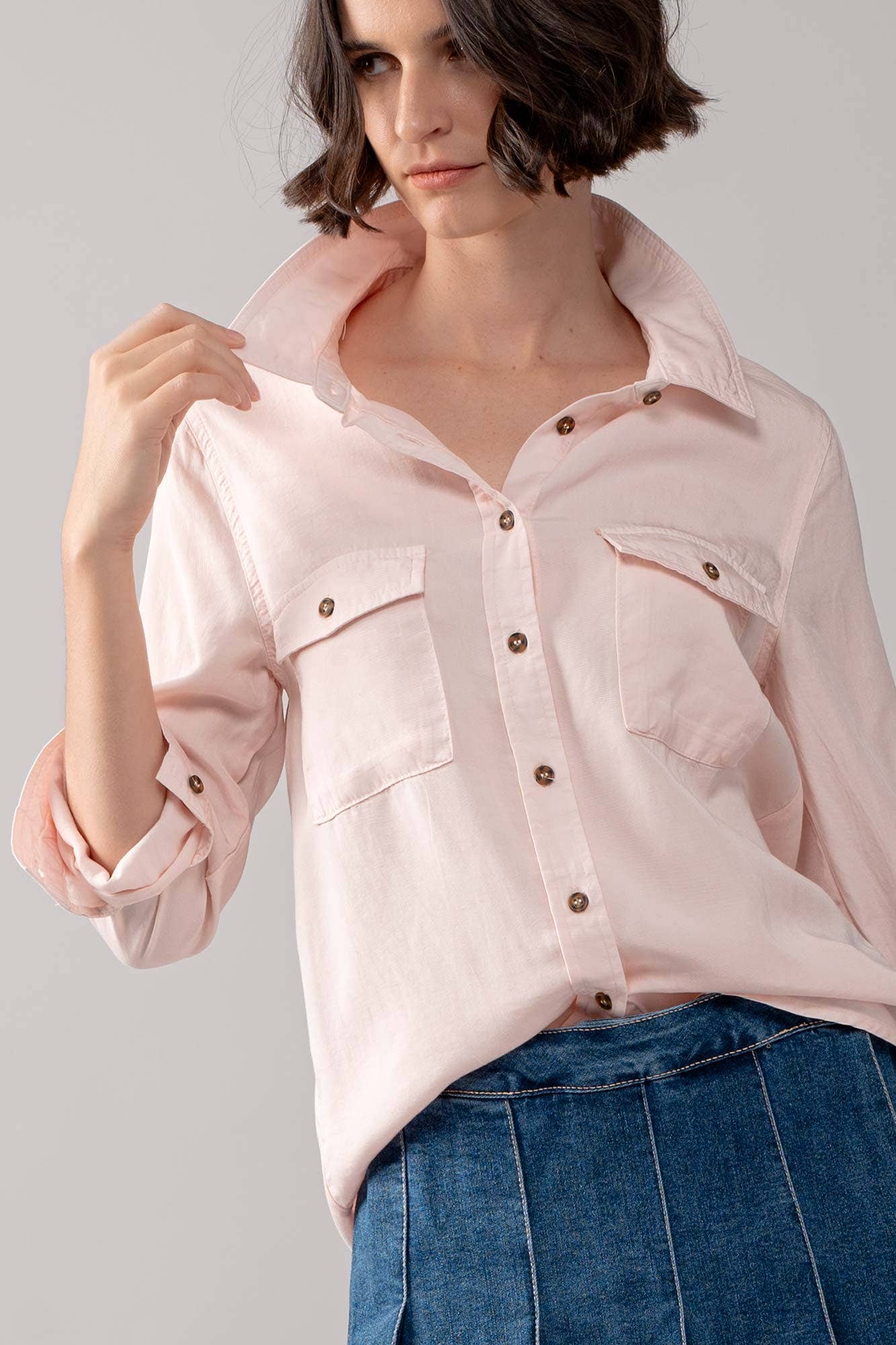 Classic Tencel Utility Casual Button Down Chambray Shirt