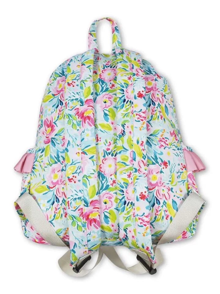 Green Pink Flower Ruffle Girls Backpack