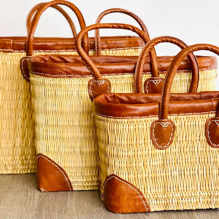 Set Reed Basket with Leather, Natural Basket Hand-Woven