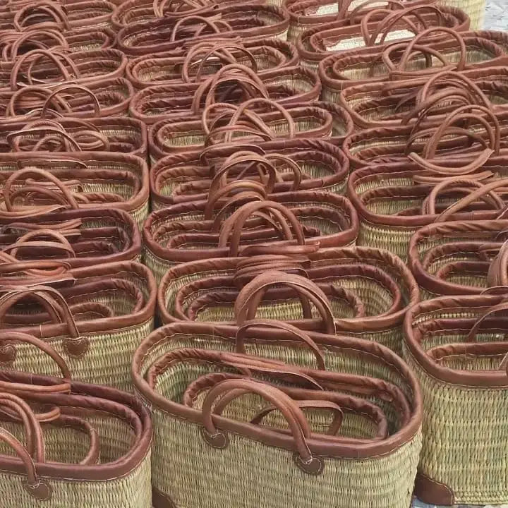 Set Reed Basket with Leather, Natural Basket Hand-Woven