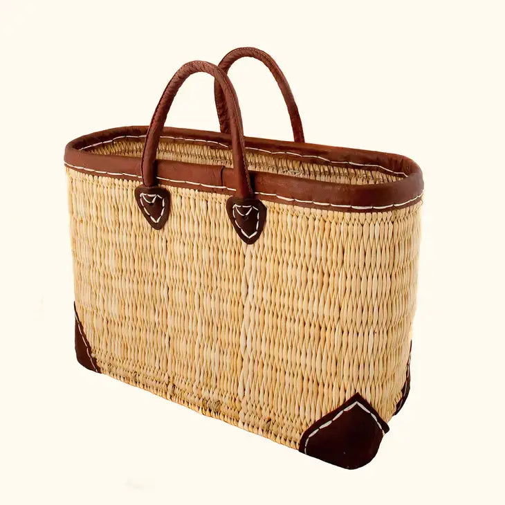 Set Reed Basket with Leather, Natural Basket Hand-Woven
