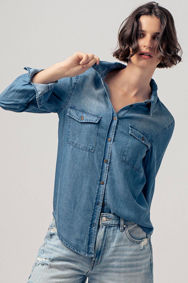 Classic Tencel Utility Casual Button Down Chambray Shirt