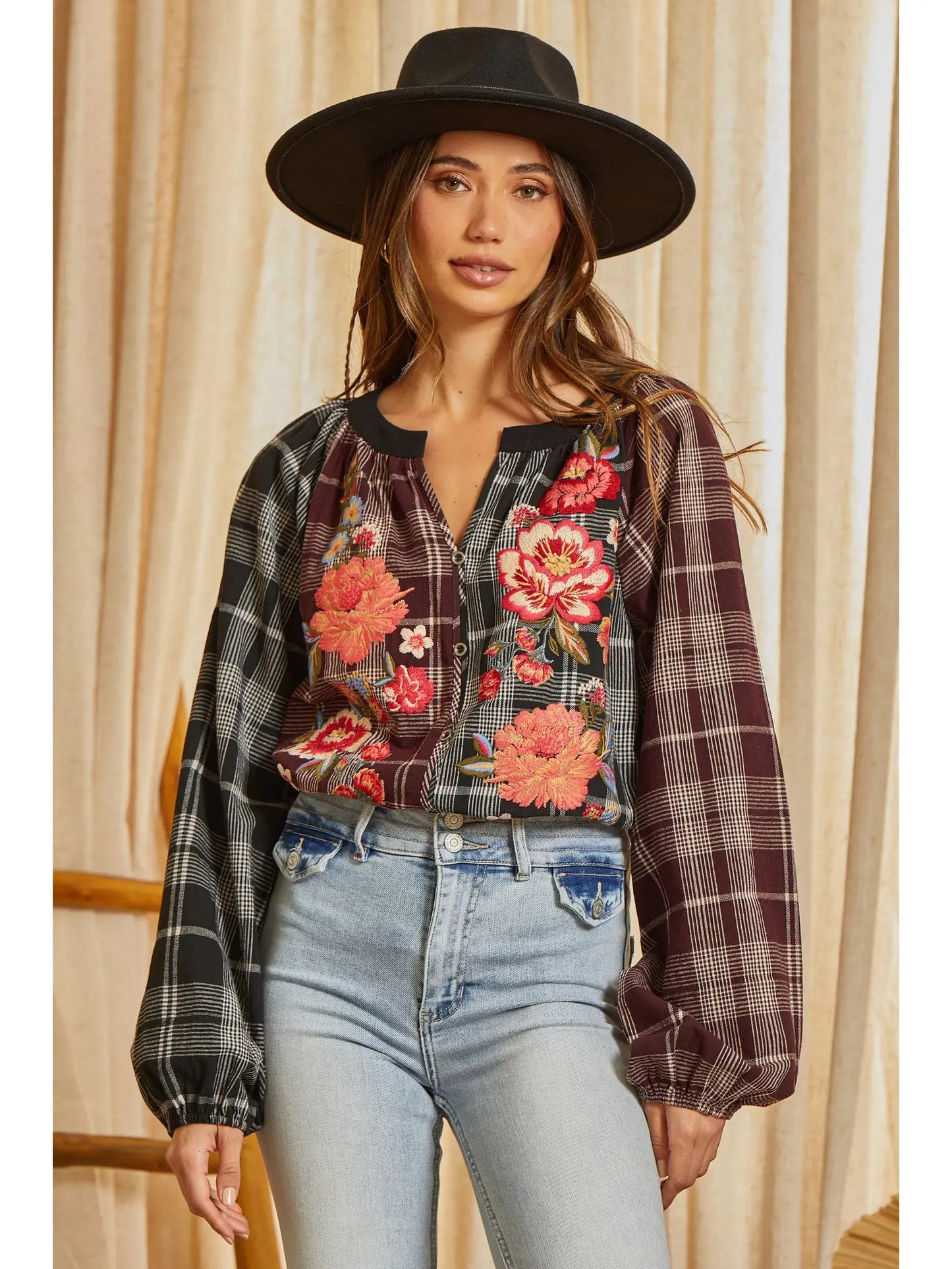 Plus Size Embellished Plaid Embroidery Woven Top