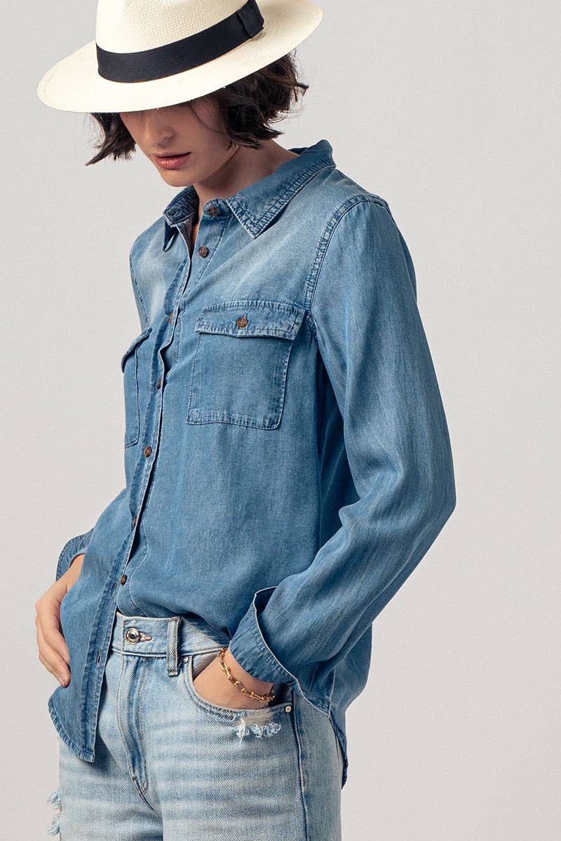 Classic Tencel Utility Casual Button Down Chambray Shirt