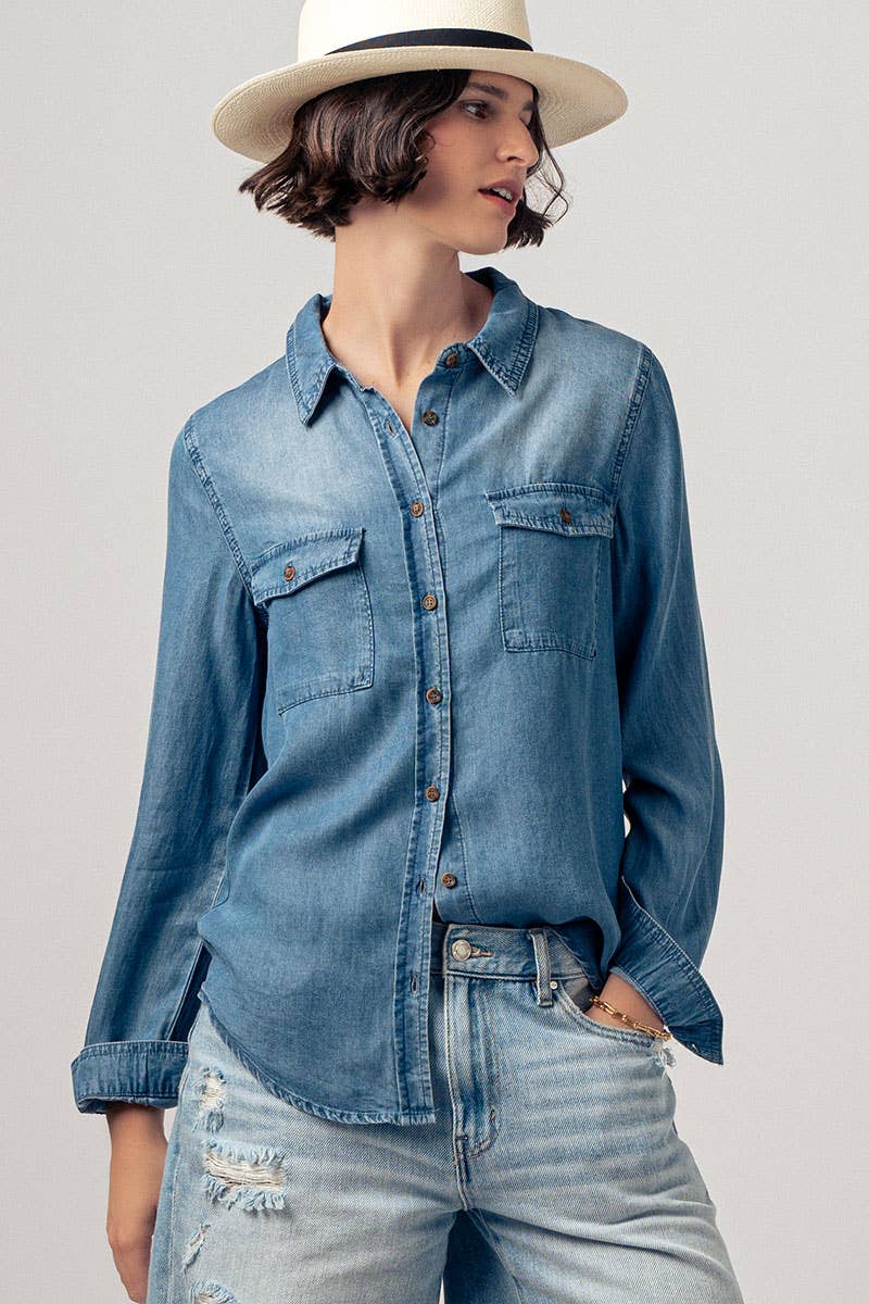 Classic Tencel Utility Casual Button Down Chambray Shirt