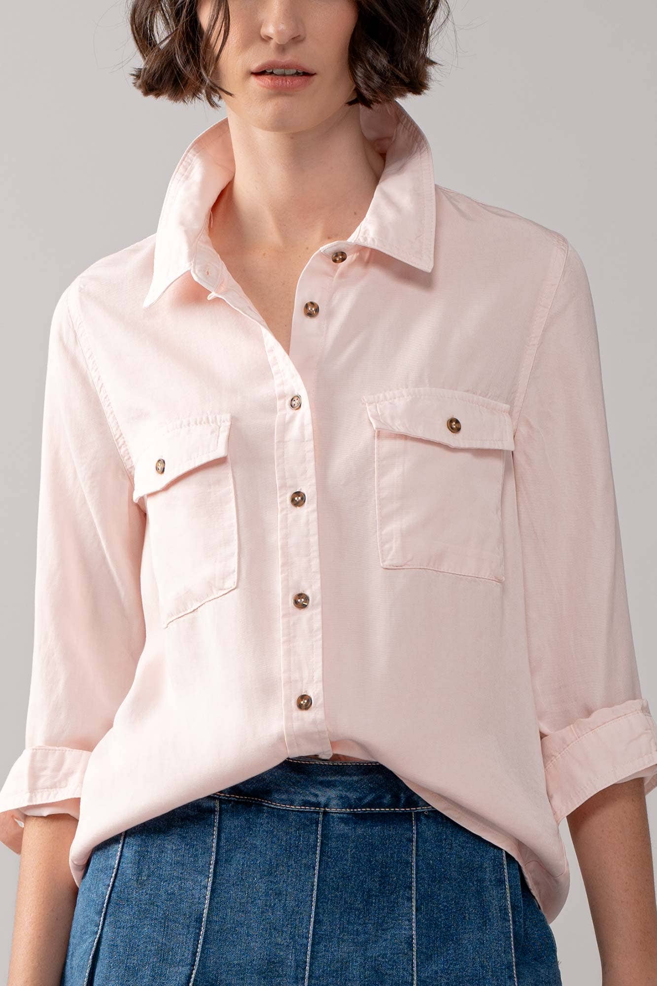 Classic Tencel Utility Casual Button Down Chambray Shirt