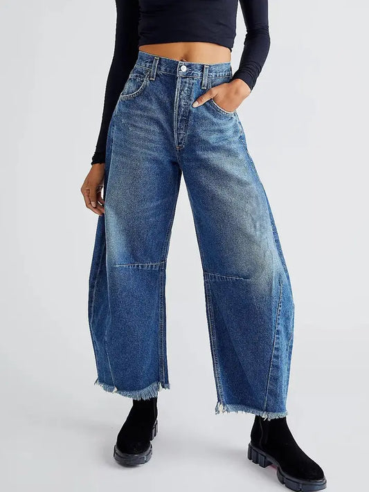 High-Waisted Loose-Fit Raw-Edged Jeans