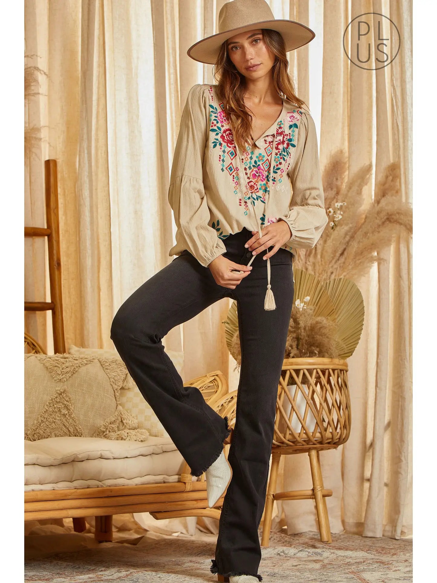 Plus Size Long Sleeve Embroidered Blouse PT11297