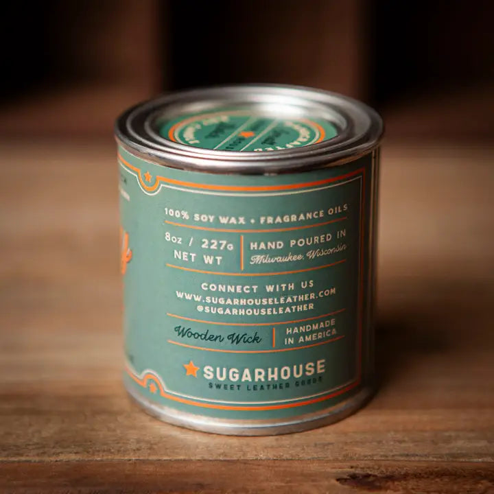 Sugarhouse Leather Happy Place Soy Candle with Wooden Wick