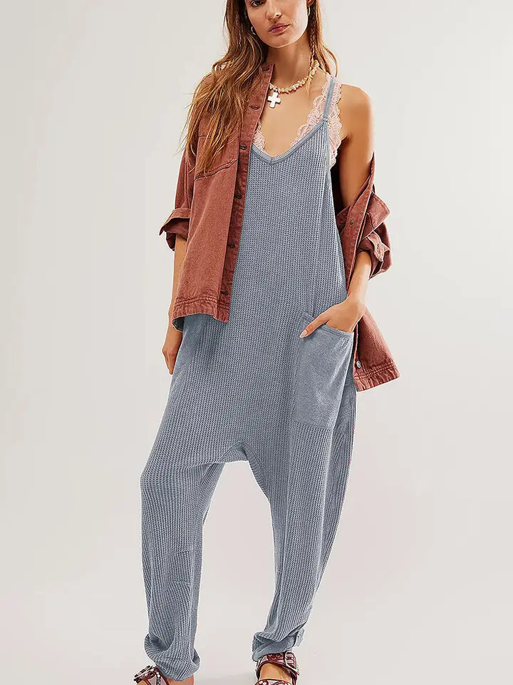 Gray Waffle Knit Spaghetti Jumpsuit