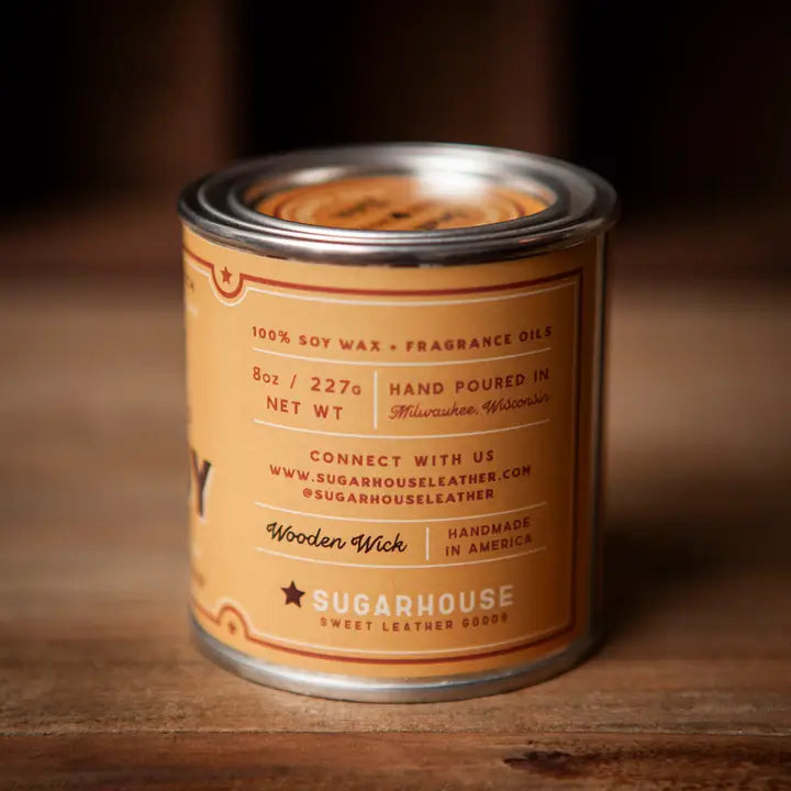 Sugarhouse Leather Original Cowboy Soy Candle with Wooden Wick