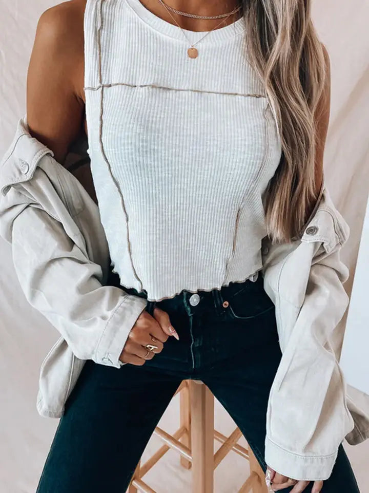 White Exposed Seam Ribbed Cropped Tank