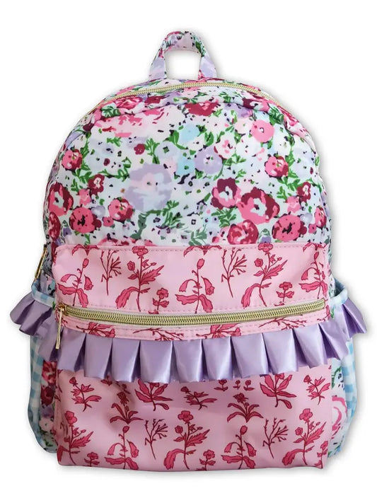 Lavender Floral Ruffle Cute Little Girls Backpack