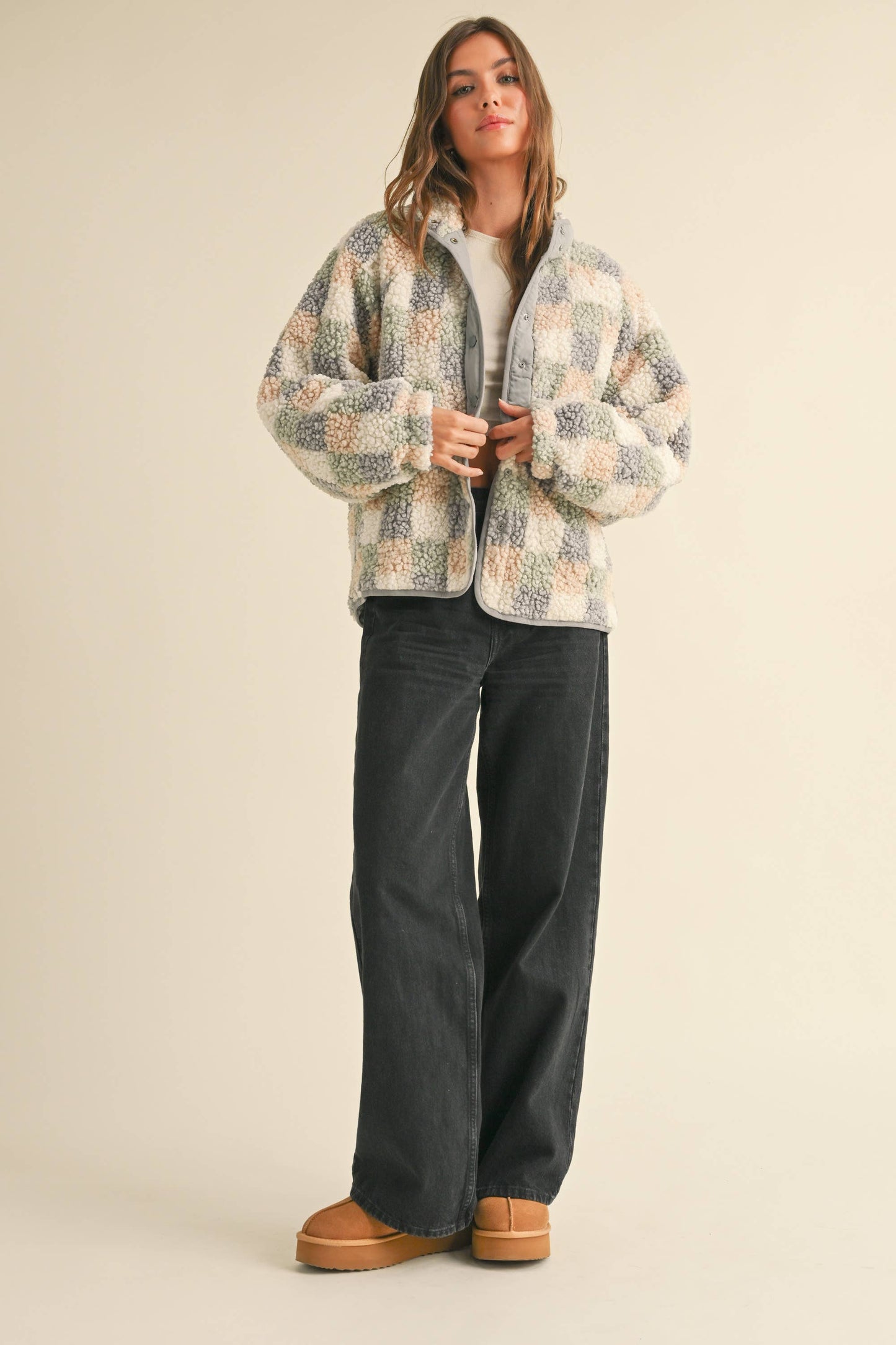 J4059   Miou Muse Multi Color Grid Pattern Sherpa Jacket