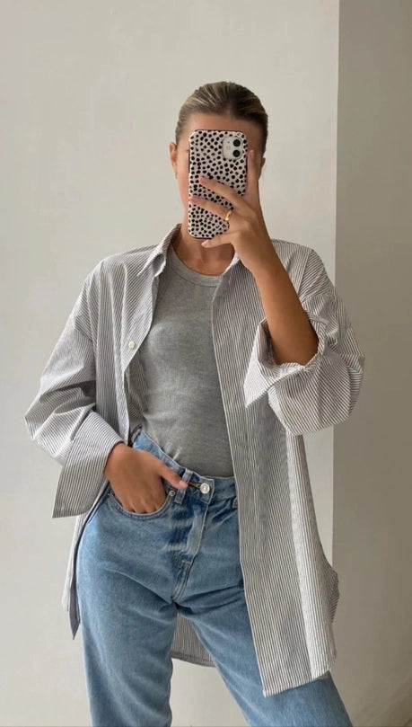 Classic Stripe Oversized Button Down Basic Shirt