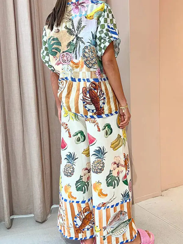 Stylish Casual Printed Shirt Wide-Leg Pants Set