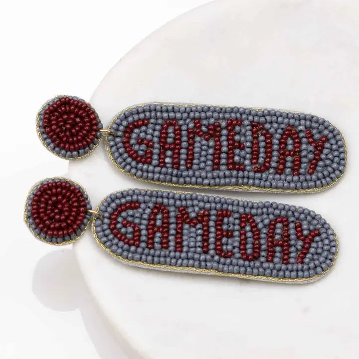 Gameday Beaded Earrings Maroon/Gray 3"