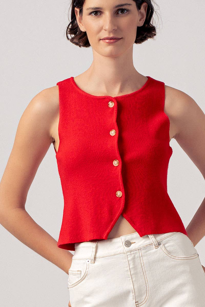 Pearl Button Curved Hem Sleeveless Knit Crop Top