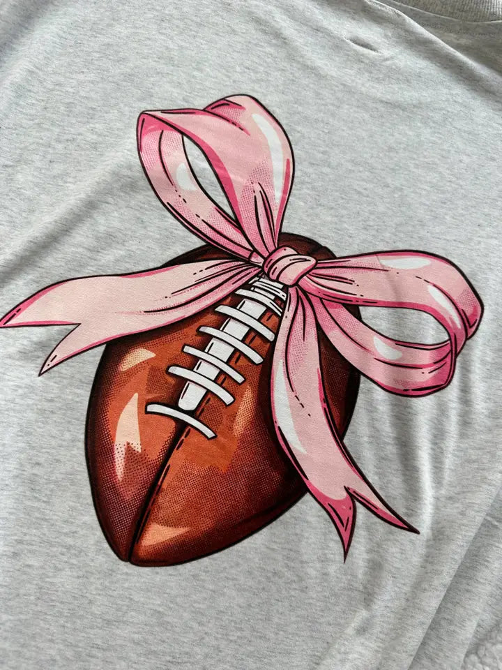 Game Day Coquette Bow Football Salty Grey Embroider Tee