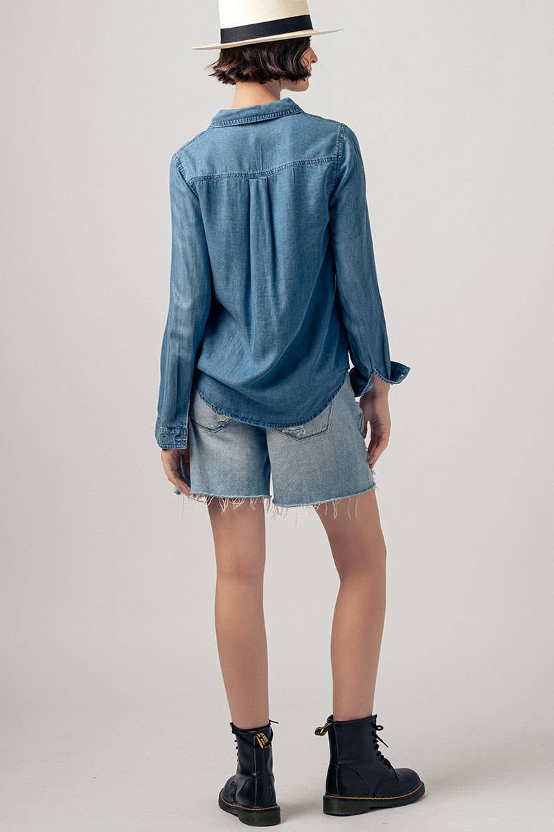 Classic Tencel Utility Casual Button Down Chambray Shirt