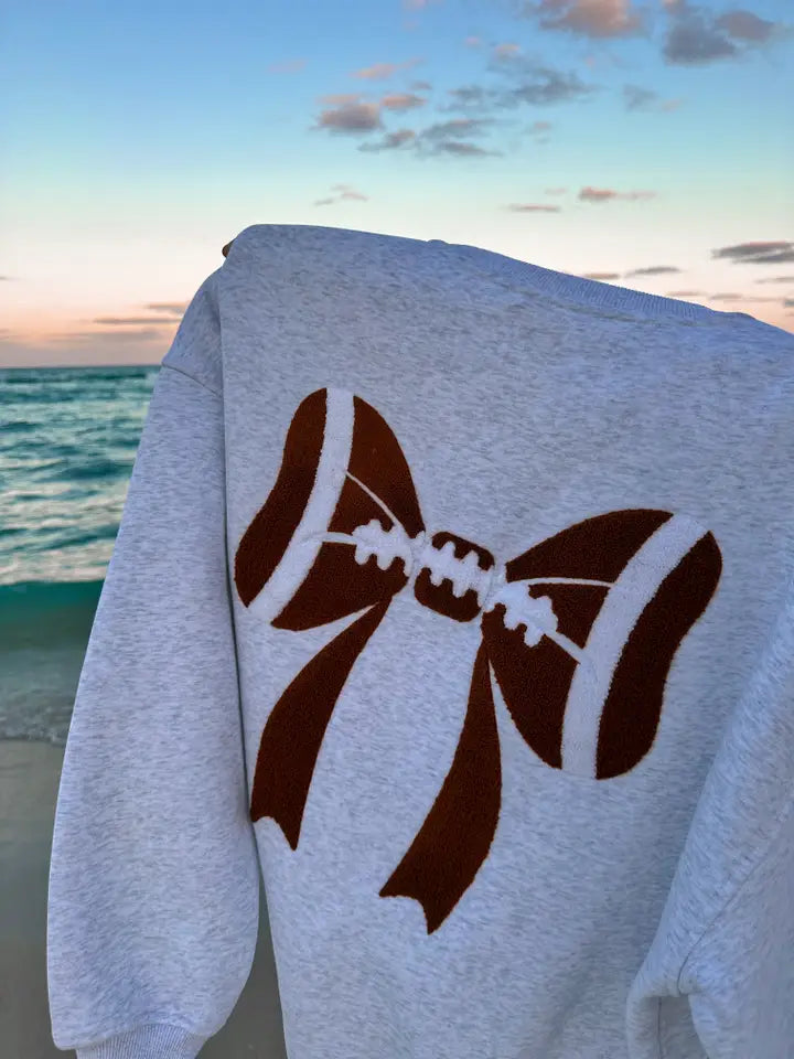 Sunkissed Coconut Football Coquette Bows Embroider Pearl Gray  Sweatshirt
