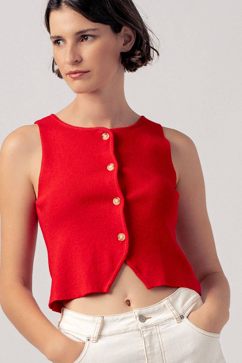 Pearl Button Curved Hem Sleeveless Knit Crop Top
