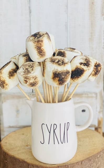 Faux Marshmallows with a skewer, toasted fake marshmallow