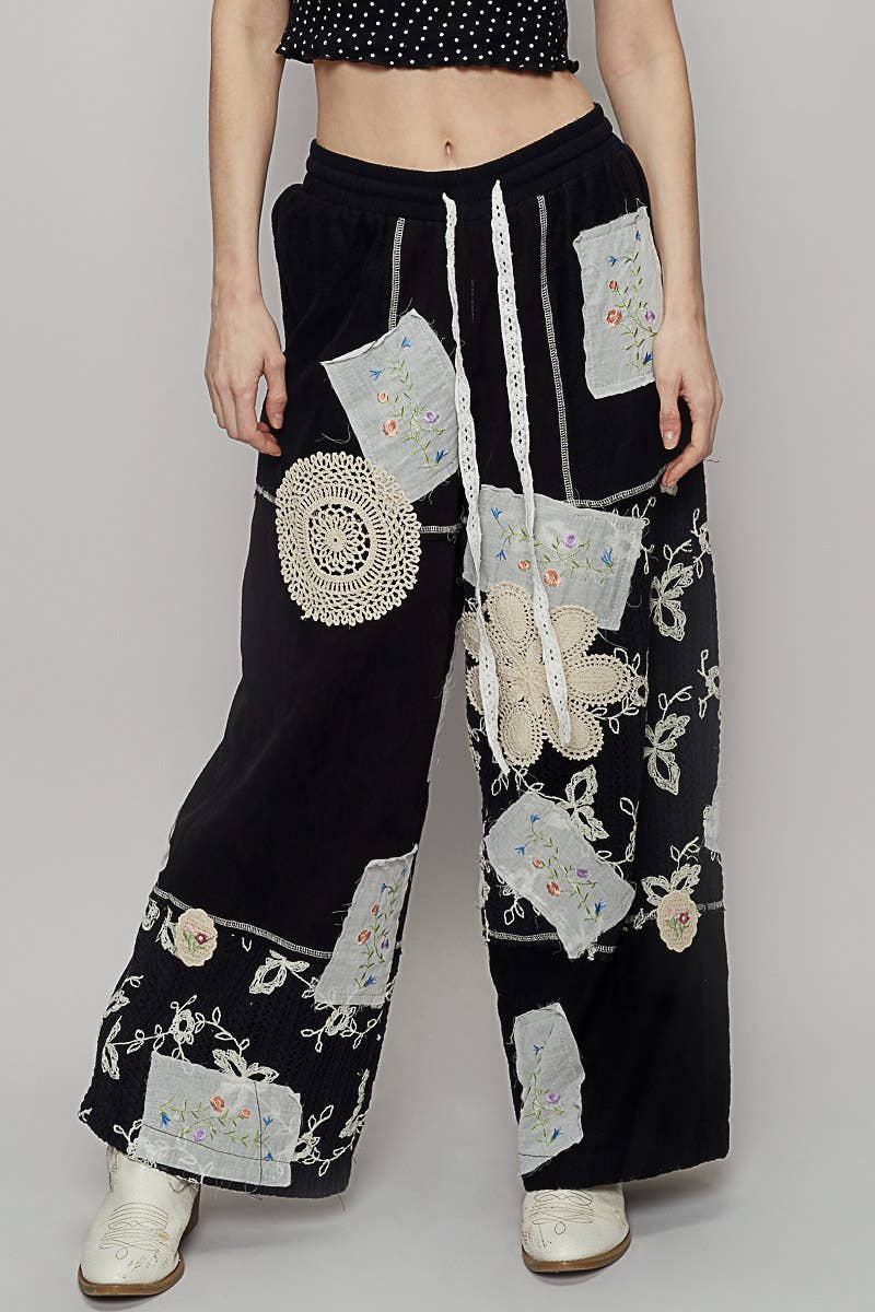 Solid lace patch detail woven pants