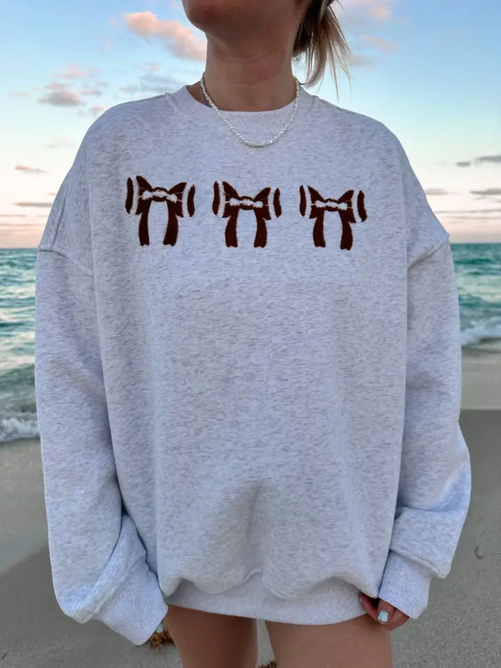 Sunkissed Coconut Football Coquette Bows Embroider Pearl Gray  Sweatshirt