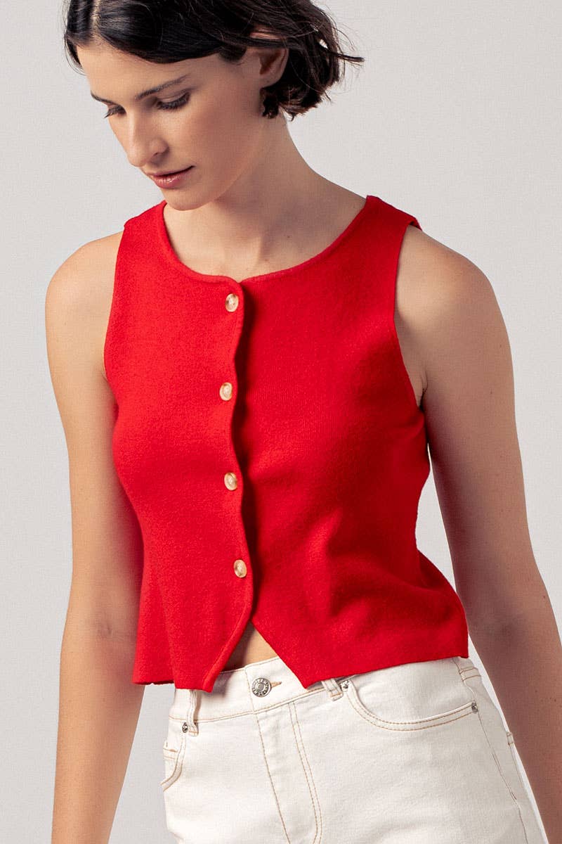 Pearl Button Curved Hem Sleeveless Knit Crop Top