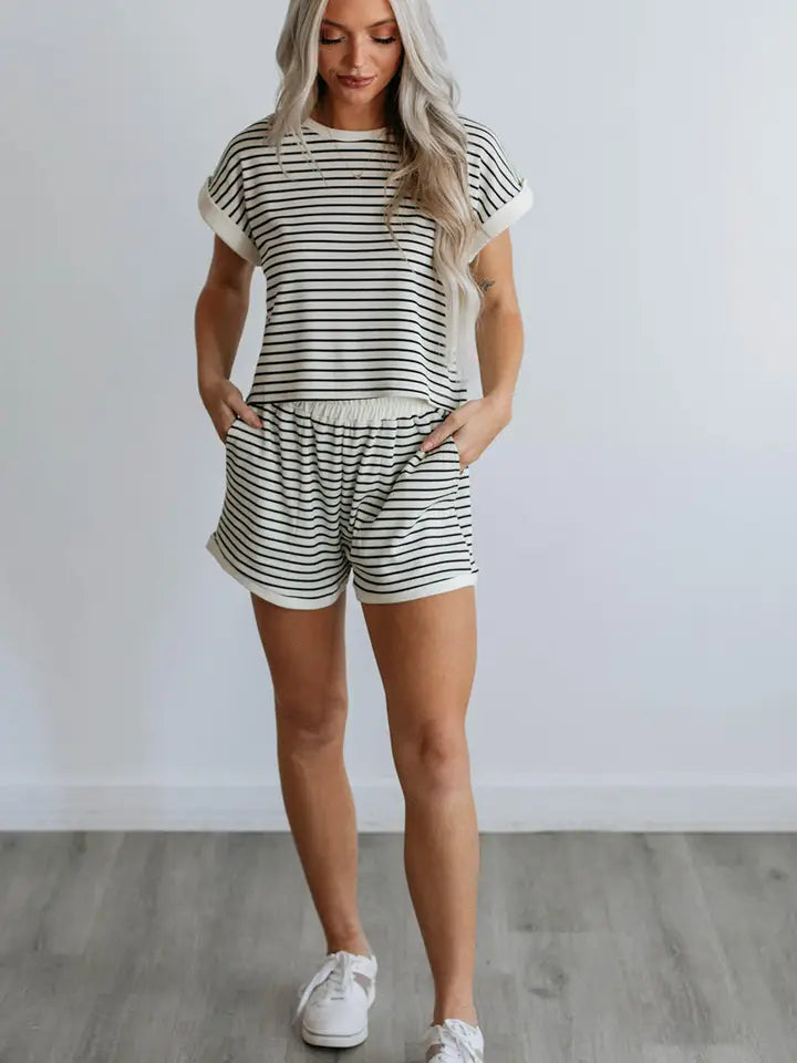 White Stripe Ribbed Tee and Shorts Set