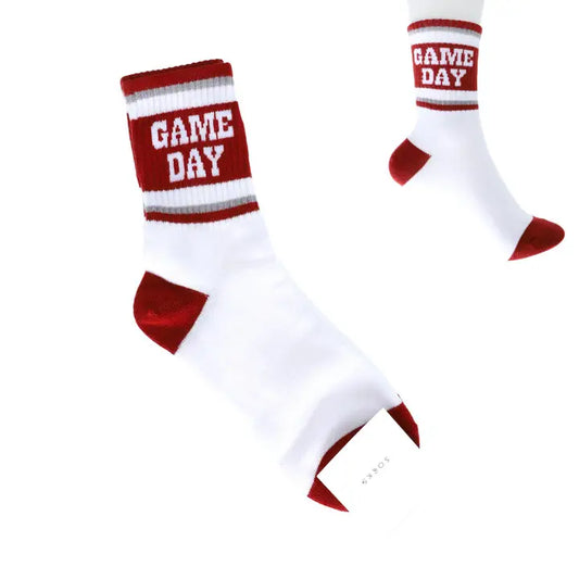 "Game Day" Stripe Cotton Knit Burgundy/White Crew Socks