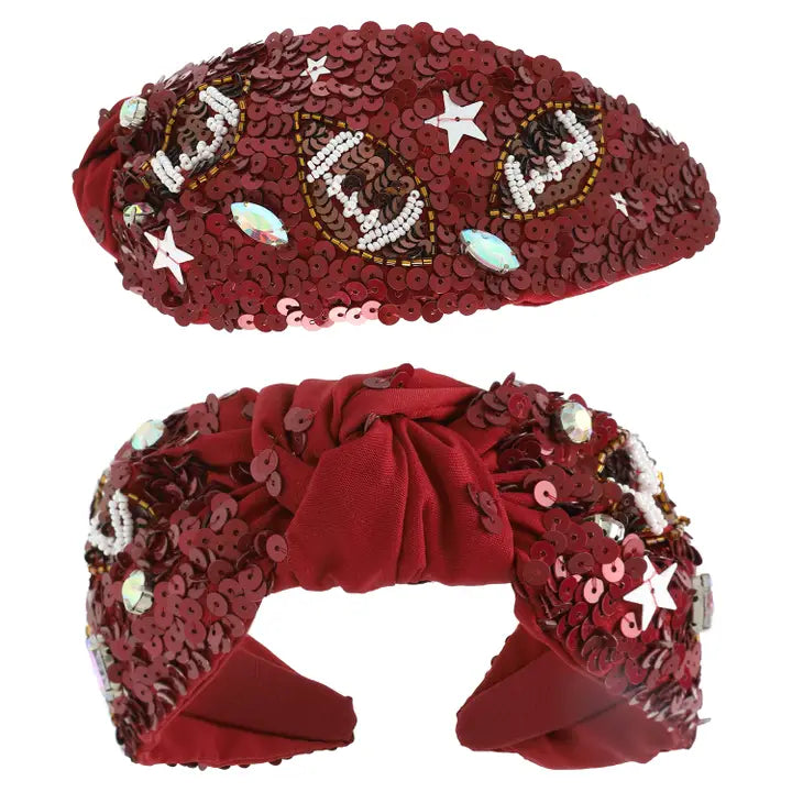 Football Top Knotted Jeweled Beaded Burgundy Headband