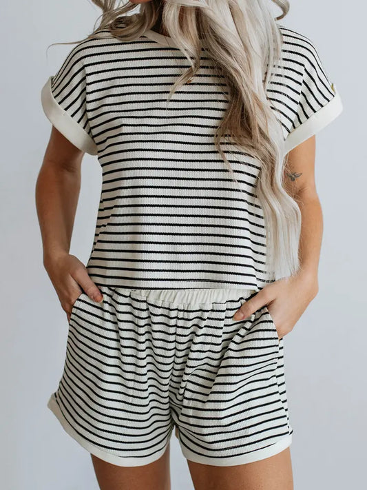 White Stripe Ribbed Tee and Shorts Set