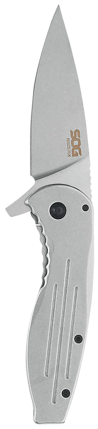 S.O.G Aegis FLK 3.40" Folding Clip Point Satin 4116 Stainless Steel Blade/Silver Stainless Steel Handle Includes Pocket Clip