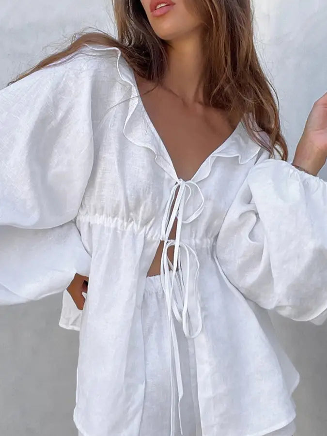 Ruffle Lapel Balloon Sleeve Blouse Short Set