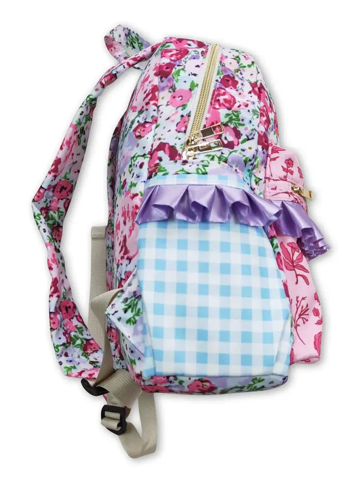 Lavender Floral Ruffle Cute Little Girls Backpack