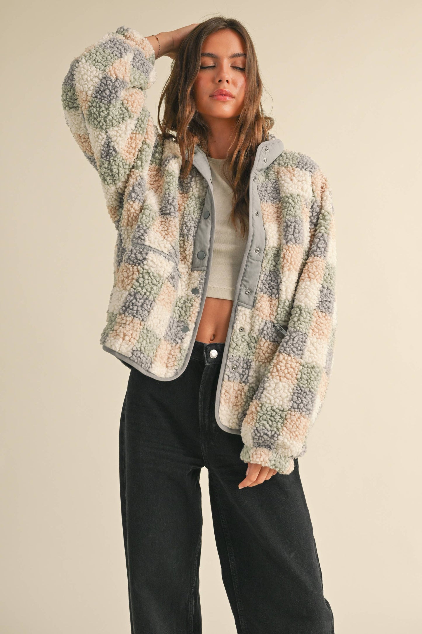 J4059   Miou Muse Multi Color Grid Pattern Sherpa Jacket