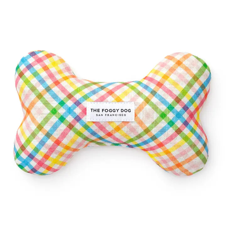 Rainbow Gingham Spring Dog Bone Squeaky Toy