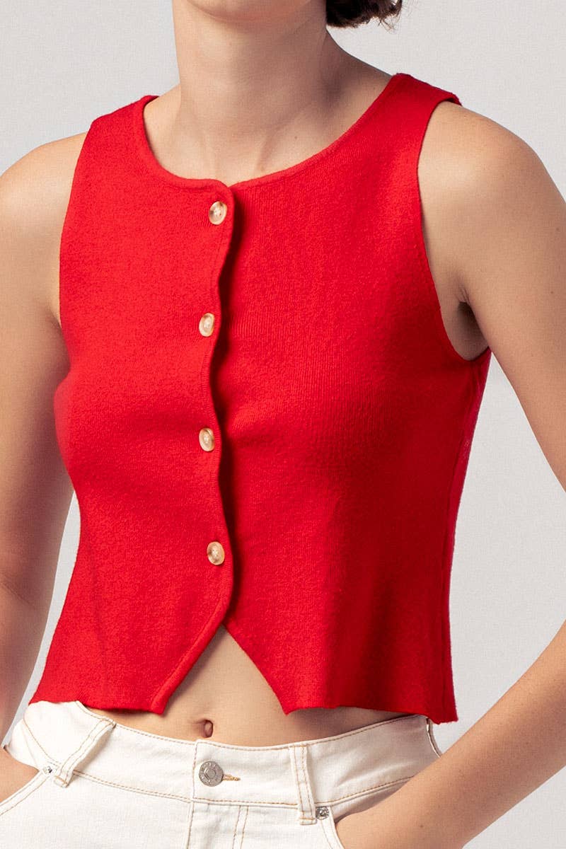 Pearl Button Curved Hem Sleeveless Knit Crop Top