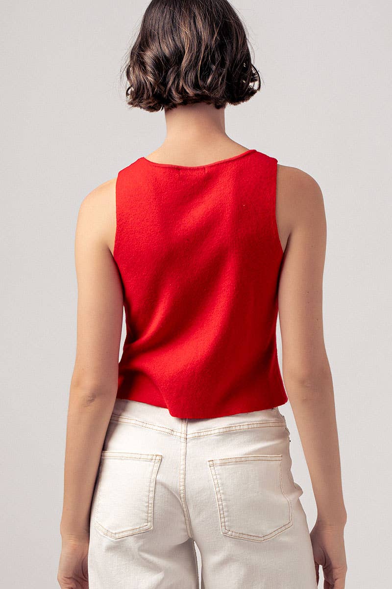Pearl Button Curved Hem Sleeveless Knit Crop Top