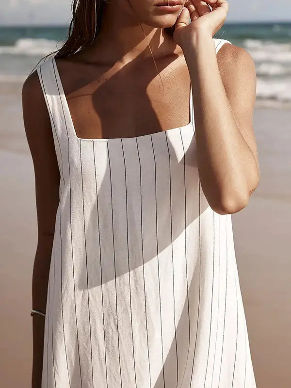 Beachside Chic: White Tank Top Maxi Dress with Black Stripes