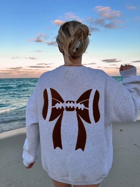 Sunkissed Coconut Football Coquette Bows Embroider Pearl Gray  Sweatshirt