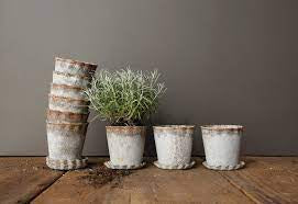 Distressed Metal Planter with Pleated Saucer