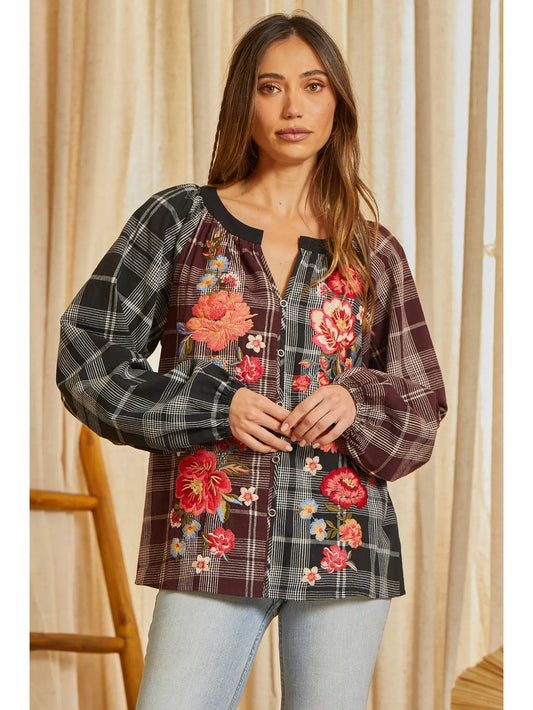 Plus Size Embellished Plaid Embroidery Woven Top