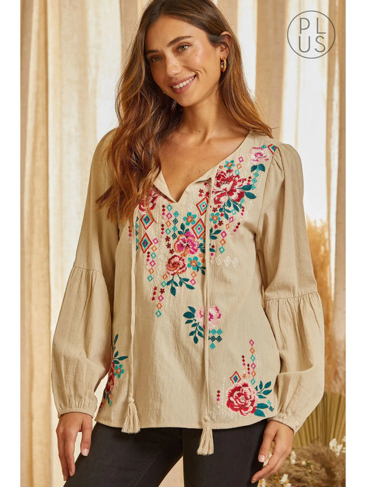 Plus Size Long Sleeve Embroidered Blouse PT11297